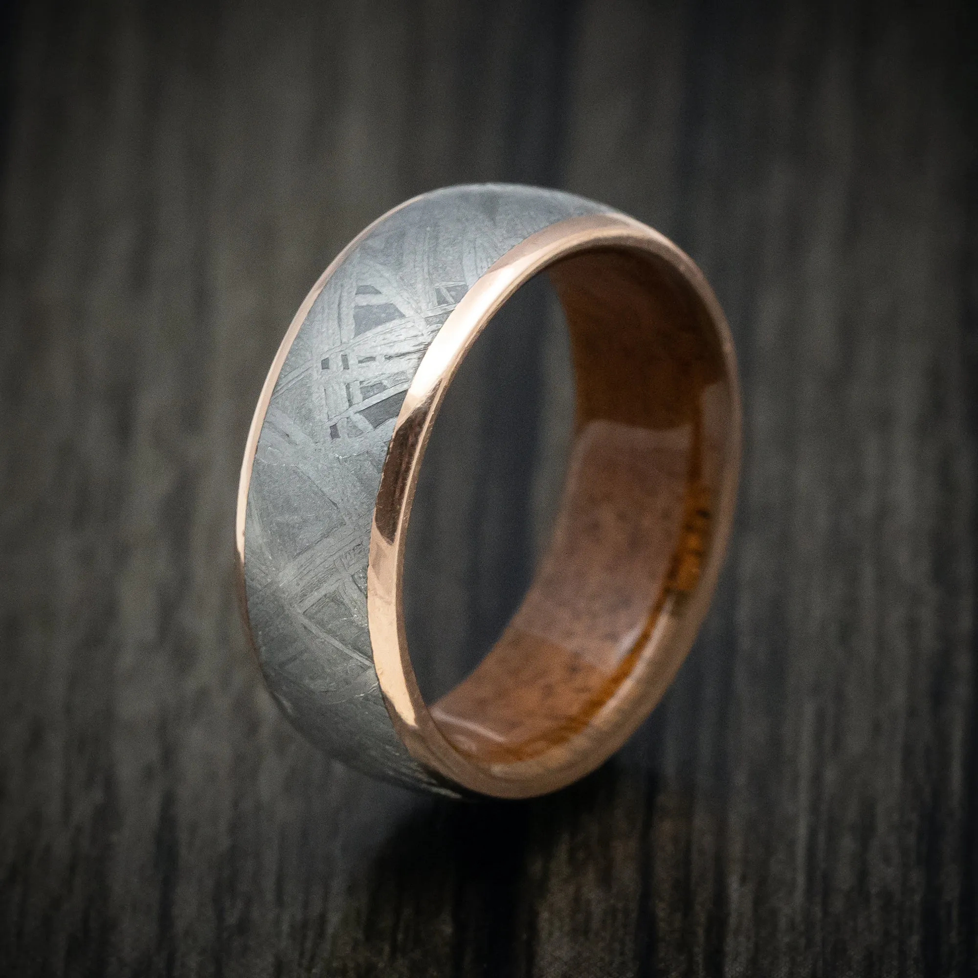 14K Gold Men's Ring with Meteorite Inlay and Wood Sleeve