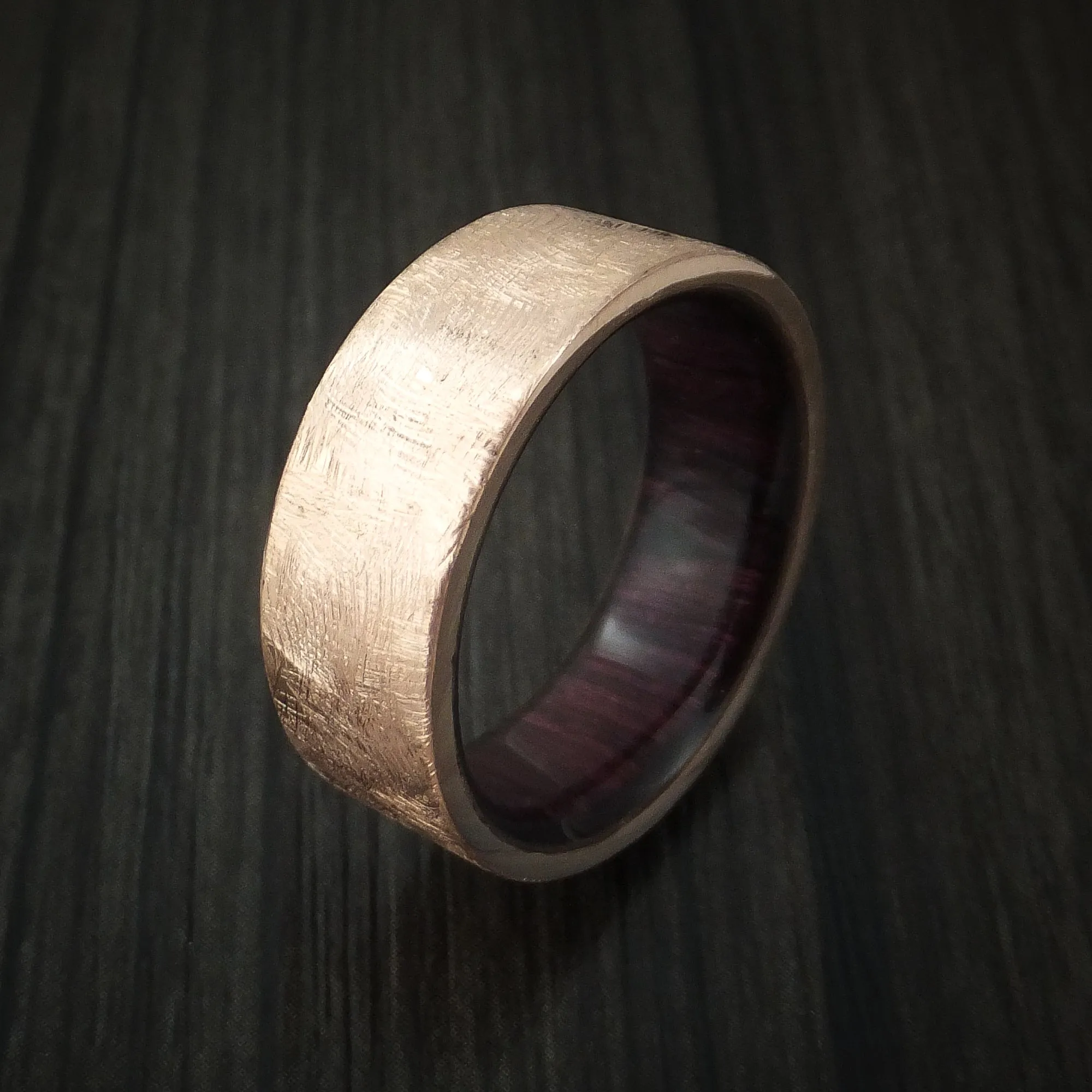 14K Rose Gold Men's Band with Distressed Finish and Purple Heart Wood Sleeve Custom Made