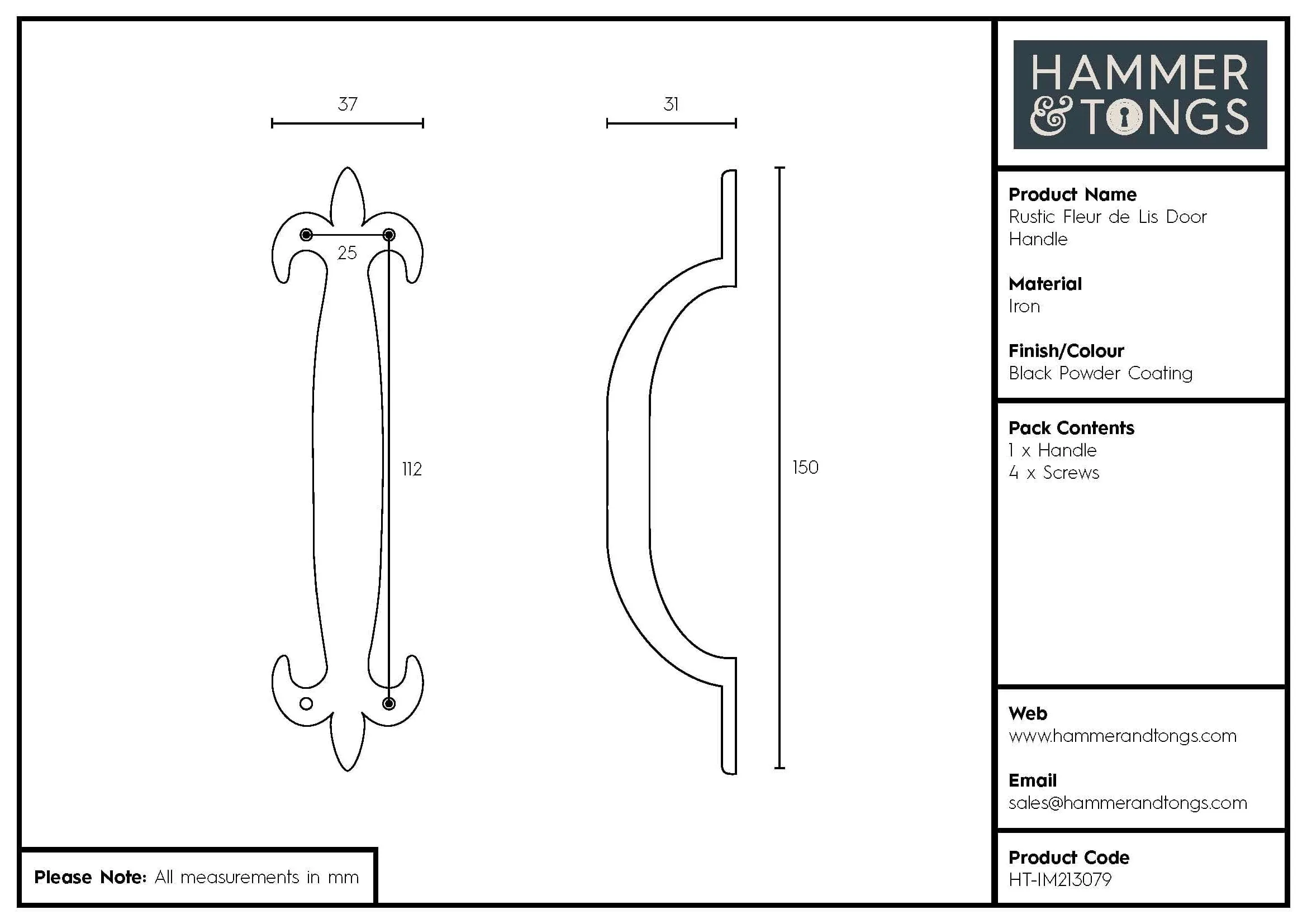 150mm Black Rustic Fleur De Lis Door Handle - By Hammer & Tongs