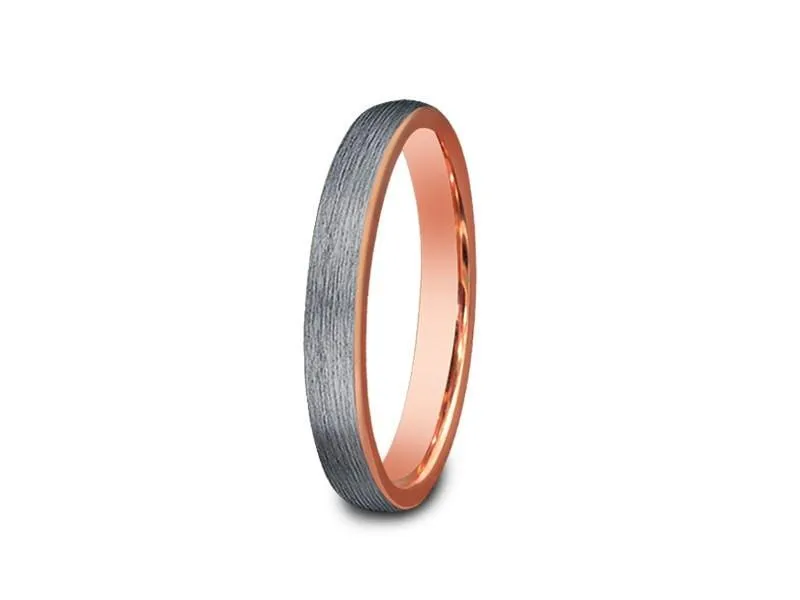 3MM BRUSHED GRAY Tungsten Wedding Band DOME AND ROSE GOLD INTERIOR