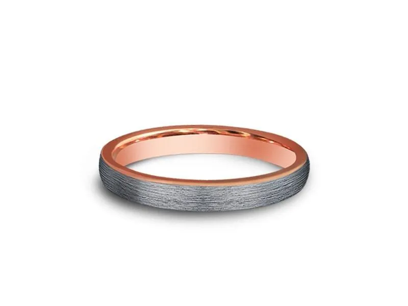 3MM BRUSHED GRAY Tungsten Wedding Band DOME AND ROSE GOLD INTERIOR