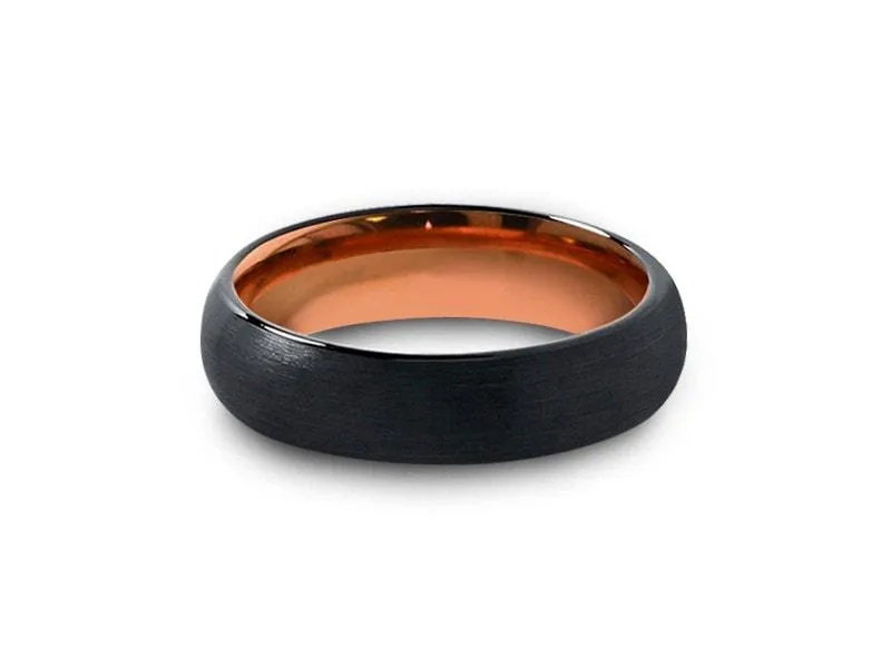 6MM BRUSHED BLACK Tungsten Wedding Band DOME AND ROSE GOLD INTERIOR