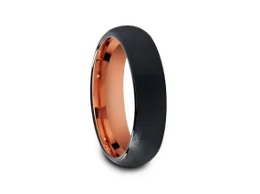 6MM BRUSHED BLACK Tungsten Wedding Band DOME AND ROSE GOLD INTERIOR