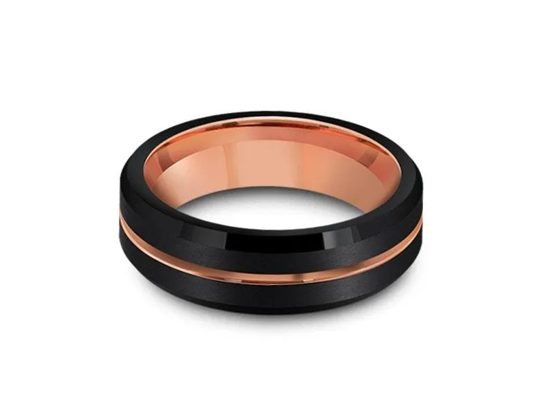 6MM BRUSHED BLACK Tungsten Wedding Band ROSE GOLD CENTER AND ROSE GOLD INTERIOR