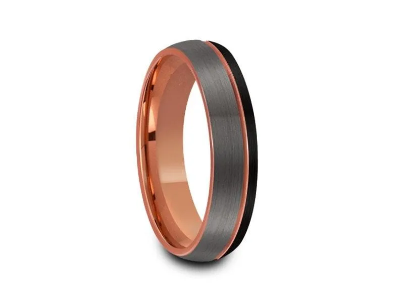 6MM BRUSHED GRAY AND BLACK Tungsten Wedding Band DOME AND ROSE GOLD INTERIOR