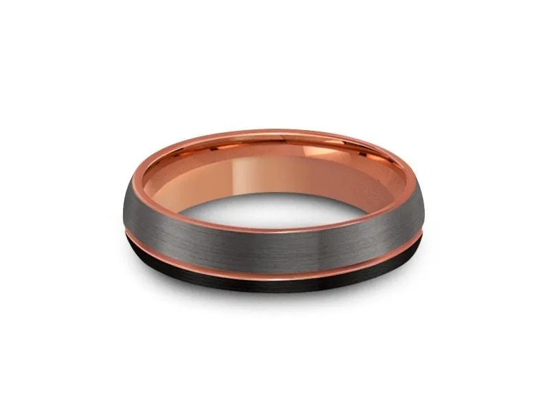 6MM BRUSHED GRAY AND BLACK Tungsten Wedding Band DOME AND ROSE GOLD INTERIOR