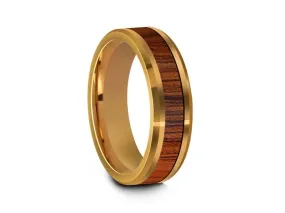 6MM HAWAIIAN Koa Wood Tungsten WEDDING BAND BEVELED AND YELLOW INTERIOR