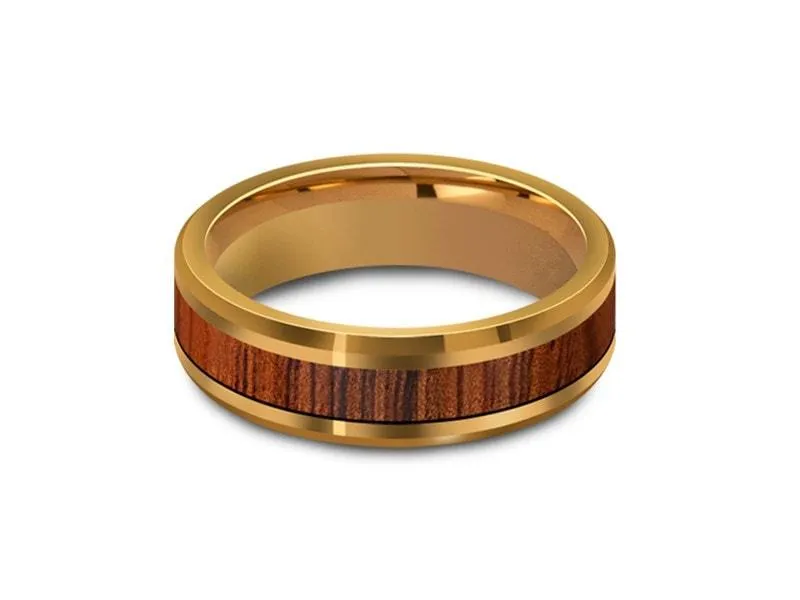 6MM HAWAIIAN Koa Wood Tungsten WEDDING BAND BEVELED AND YELLOW INTERIOR