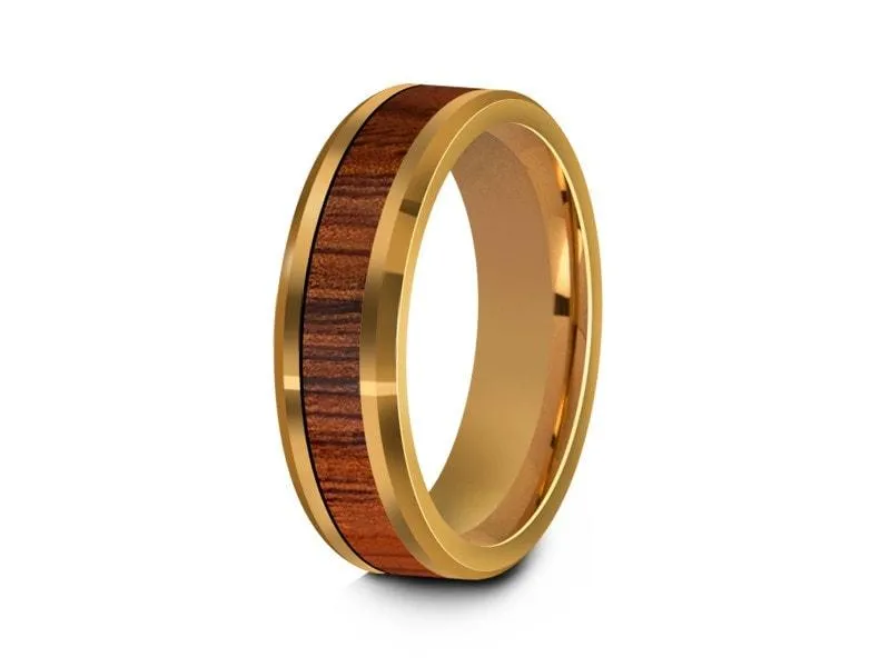 6MM HAWAIIAN Koa Wood Tungsten WEDDING BAND BEVELED AND YELLOW INTERIOR