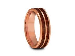 6MM HAWAIIAN Koa Wood Tungsten WEDDING BAND FLAT AND ROSE GOLD INTERIOR