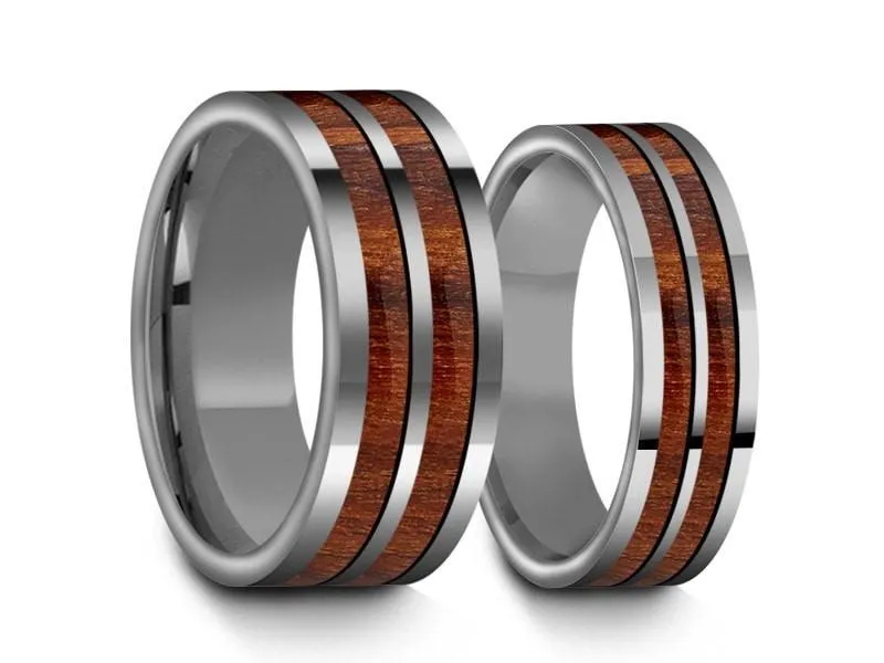 6MM/8MM HAWAIIAN KOA WOOD Tungsten Wedding Band SeT FLAT AND GRAY INTERIOR