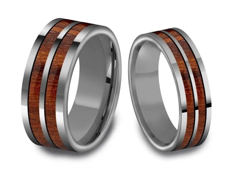 6MM/8MM HAWAIIAN KOA WOOD Tungsten Wedding Band SeT FLAT AND GRAY INTERIOR