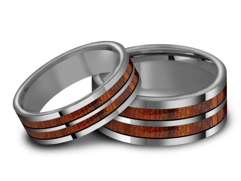 6MM/8MM HAWAIIAN KOA WOOD Tungsten Wedding Band SeT FLAT AND GRAY INTERIOR