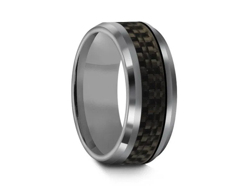 8MM BLACK CARBON FIBER INLAY TUNGSTEN WEDDING BAND  AND GRAY GUNMETAL INTERIOR