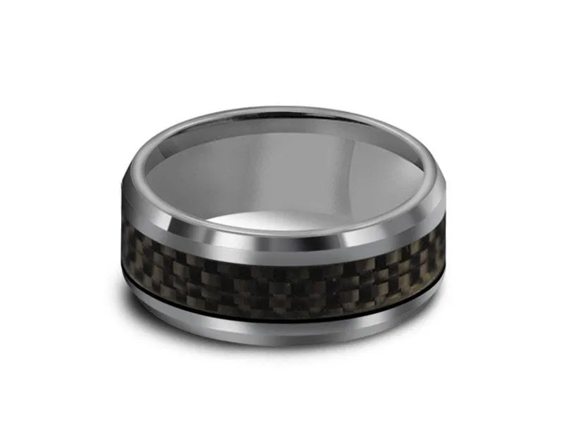 8MM BLACK CARBON FIBER INLAY TUNGSTEN WEDDING BAND  AND GRAY GUNMETAL INTERIOR