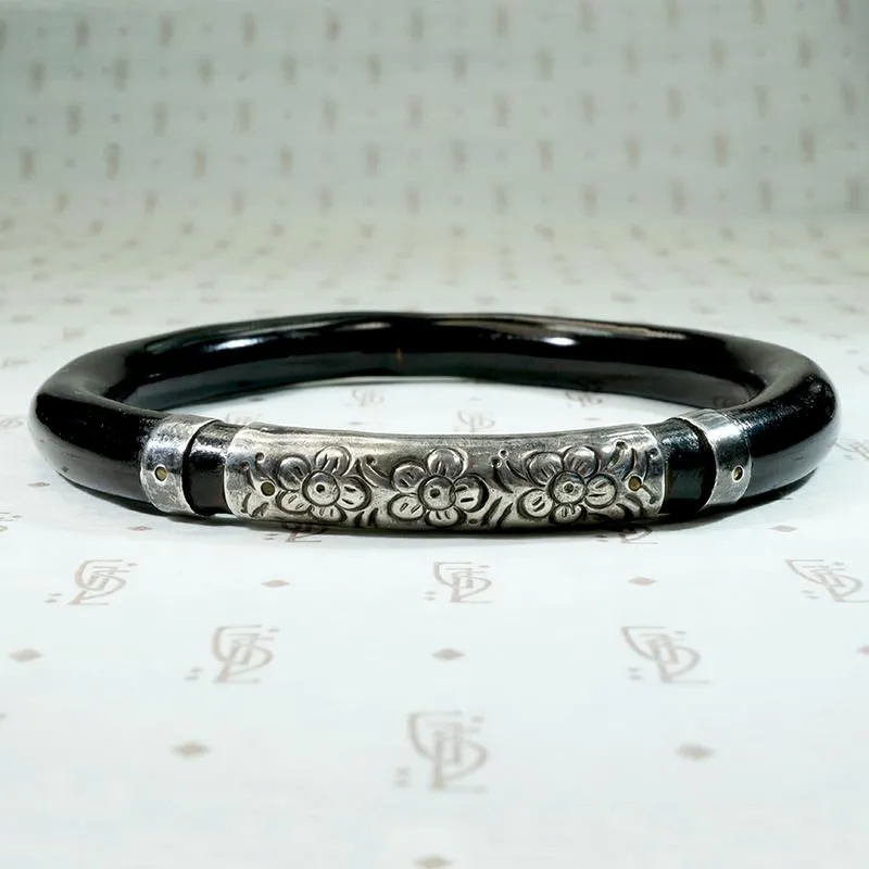 Antique Chinese Black Lacquer & Silver Bangle