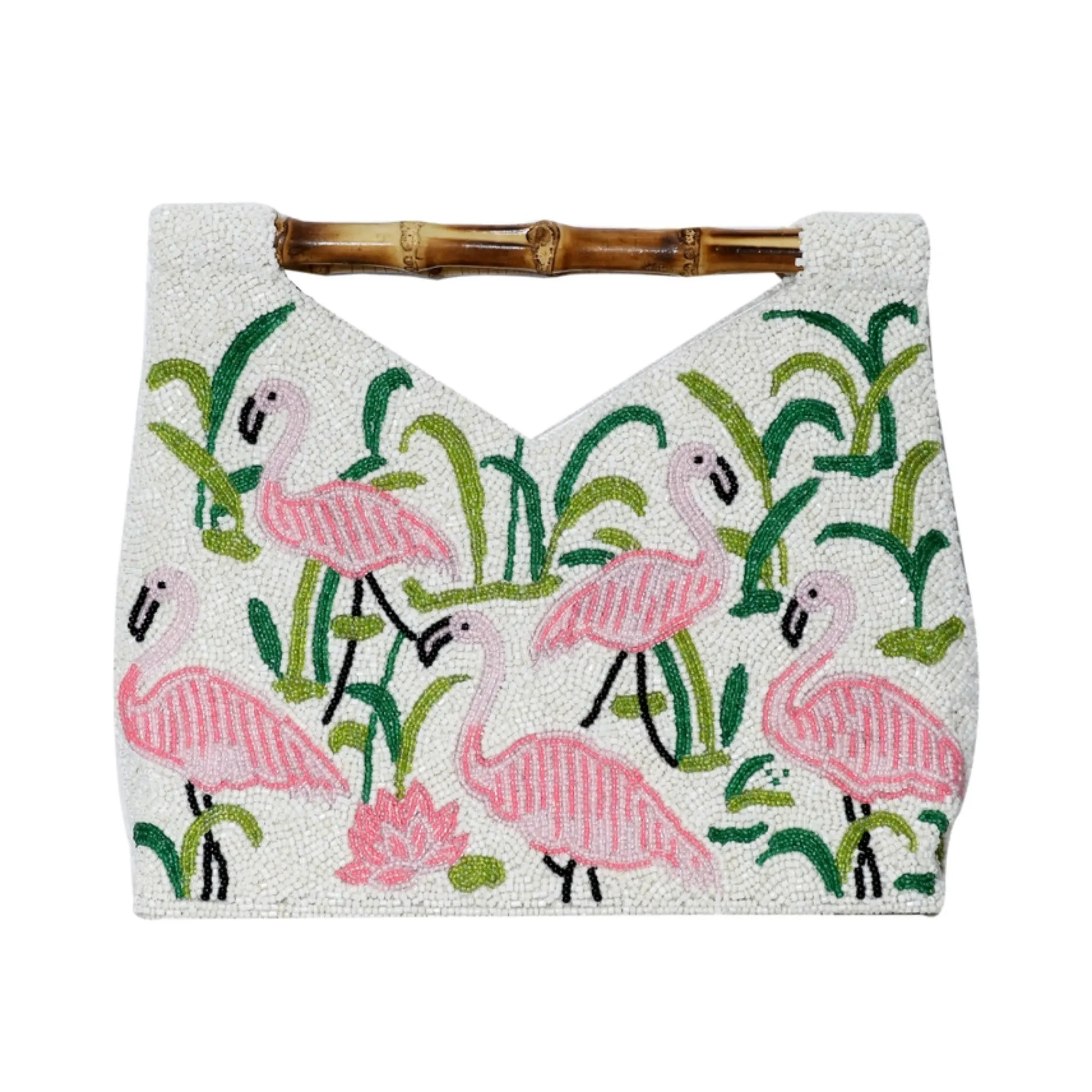 Beaded Pink Flamingo Motif Clutch Purse With Bamboo Handle