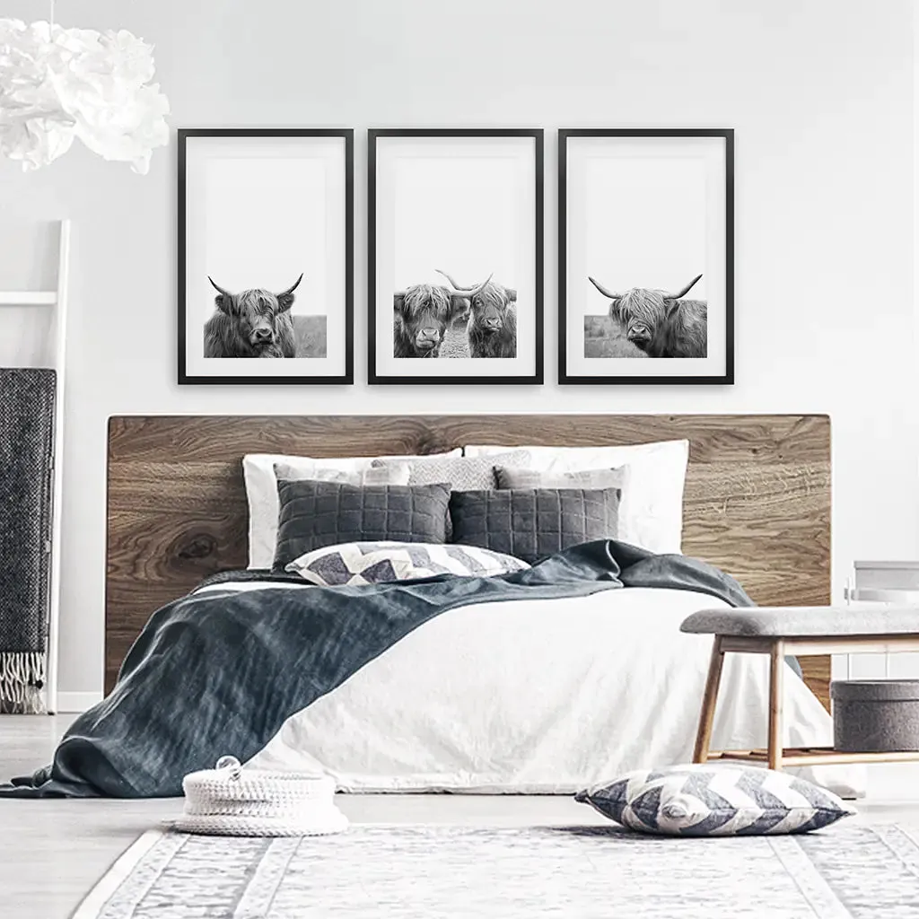 Black White Highland Cow Photo. 3 Piece Wall Art