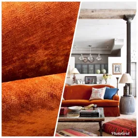 Designer Antique Inspired Chenille Velvet Fabric - Rust Brown Orange Upholstery