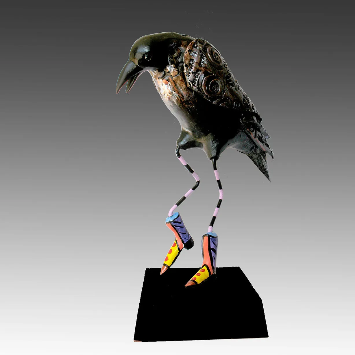 DoWop Raven Whimsical Handmade Ceramic Bird Sculpture by Steven McGovney