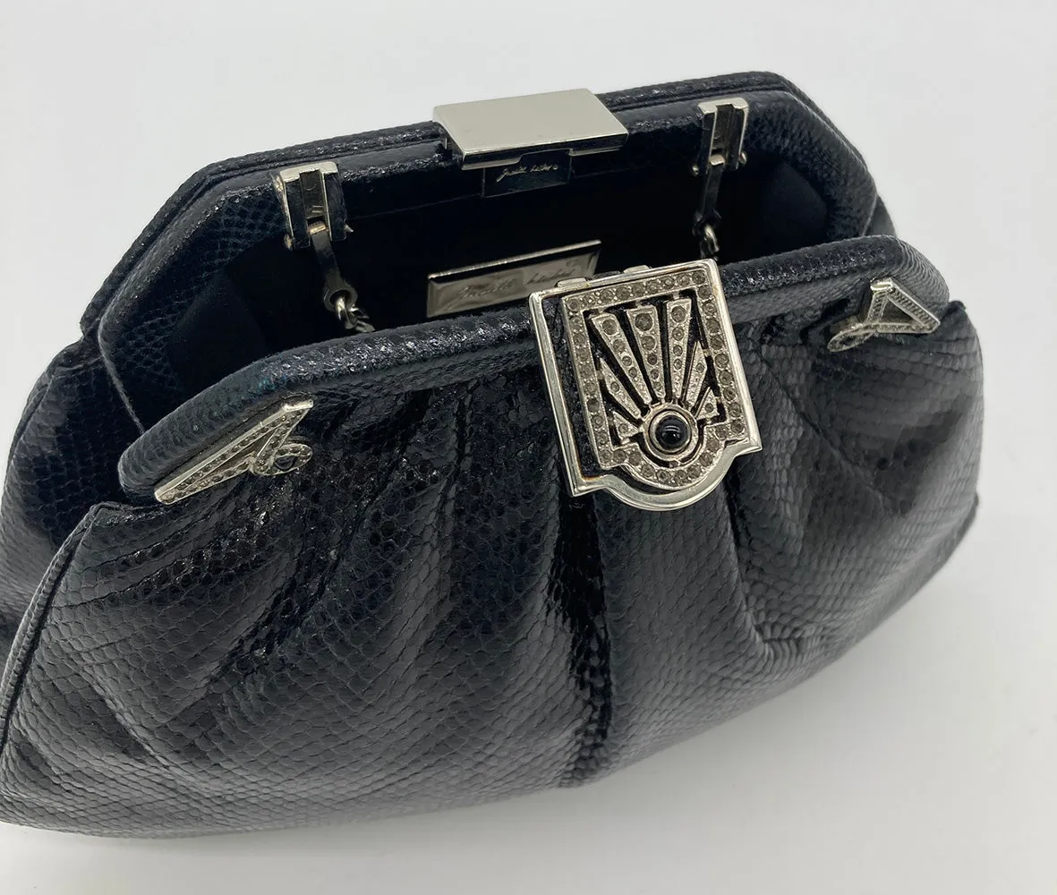 Judith Leiber Black Lizard Art Deco Crystal Top Clutch