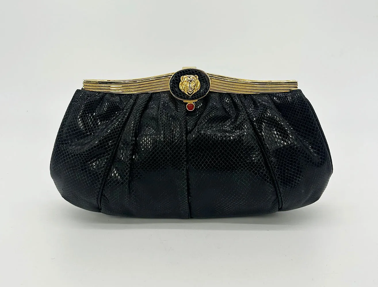 Judith Leiber Black Lizard Lion Head Clutch