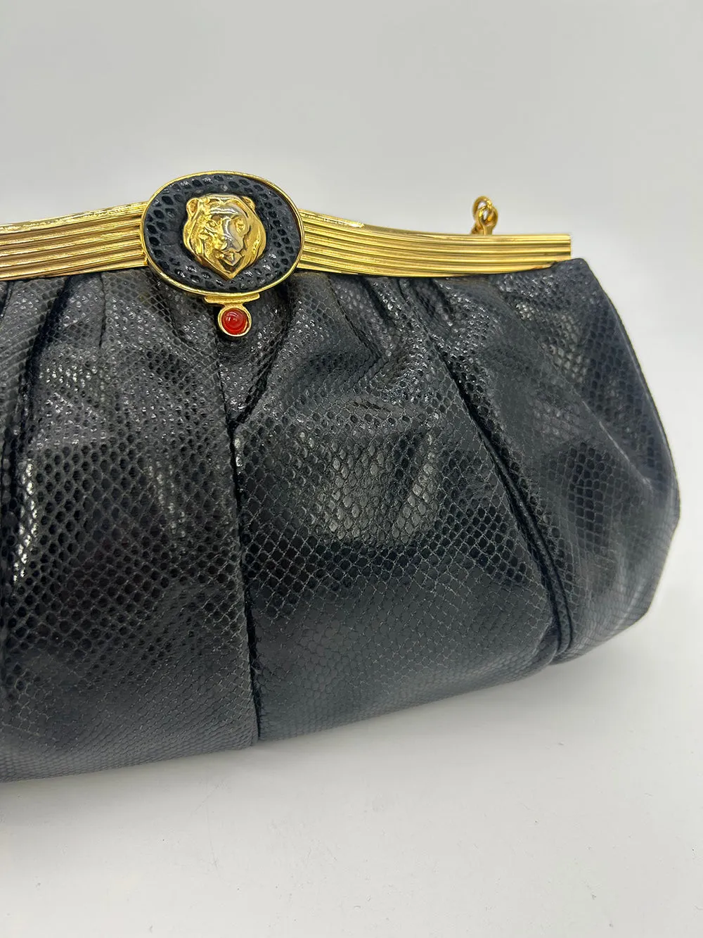 Judith Leiber Black Lizard Lion Head Clutch