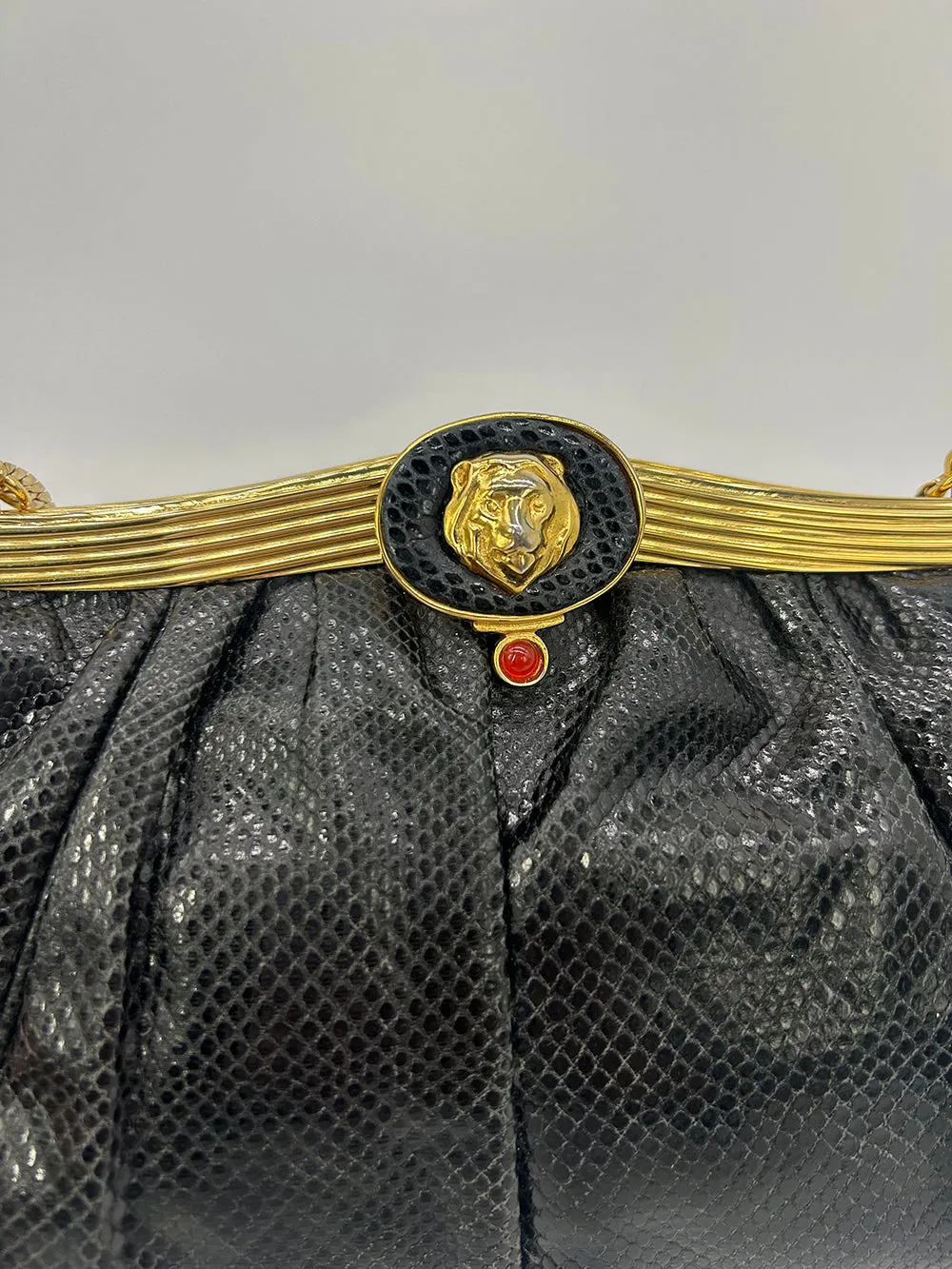 Judith Leiber Black Lizard Lion Head Clutch