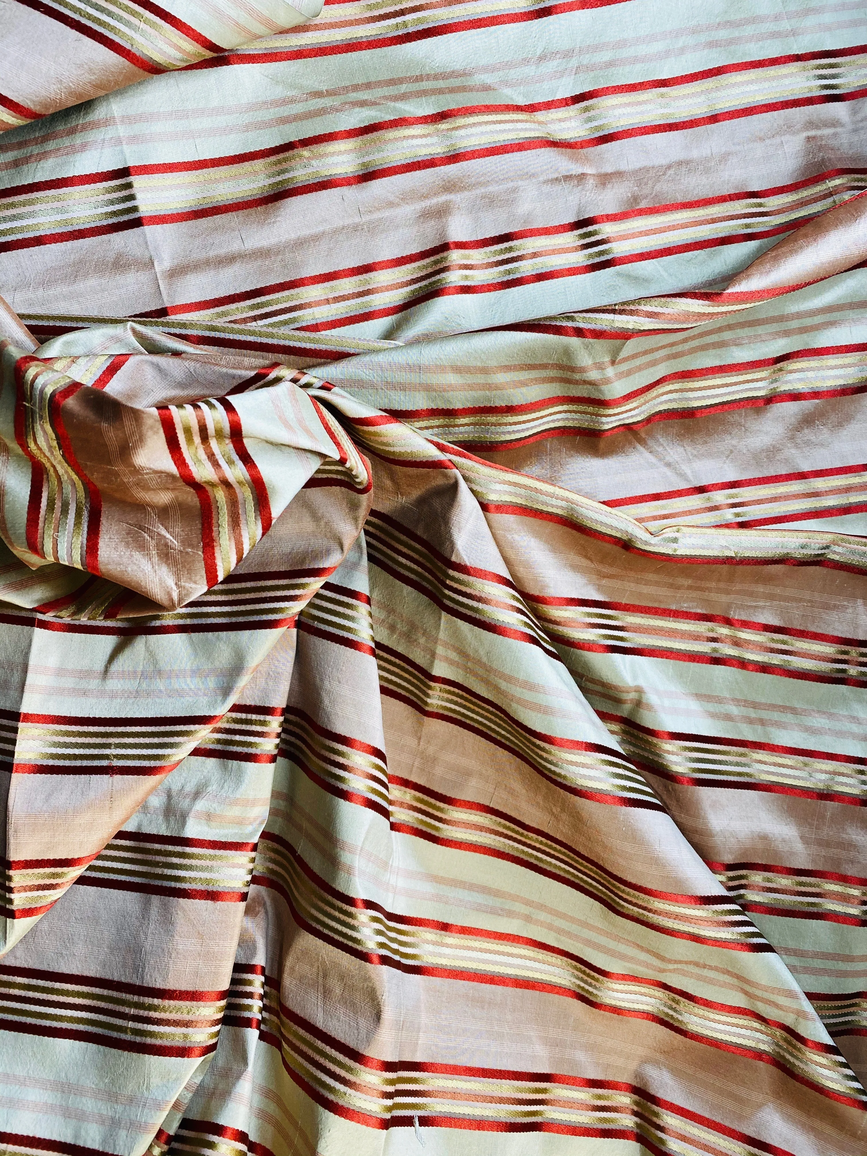 NEW Miss Charlotte Designer 100% Silk Dupioni Fabric with Red, Pink, Gold, & Copper Ribbon Stripes