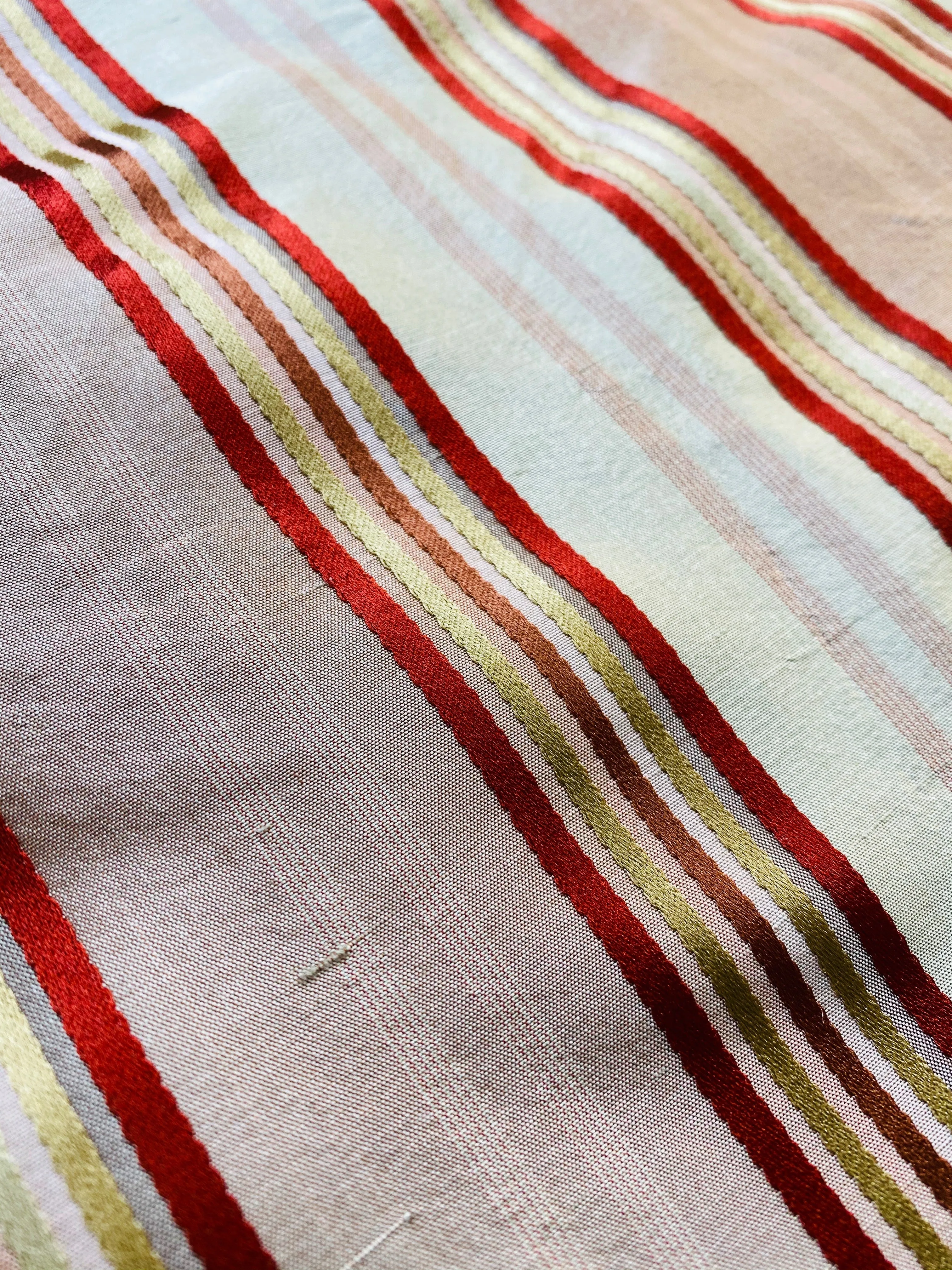 NEW Miss Charlotte Designer 100% Silk Dupioni Fabric with Red, Pink, Gold, & Copper Ribbon Stripes