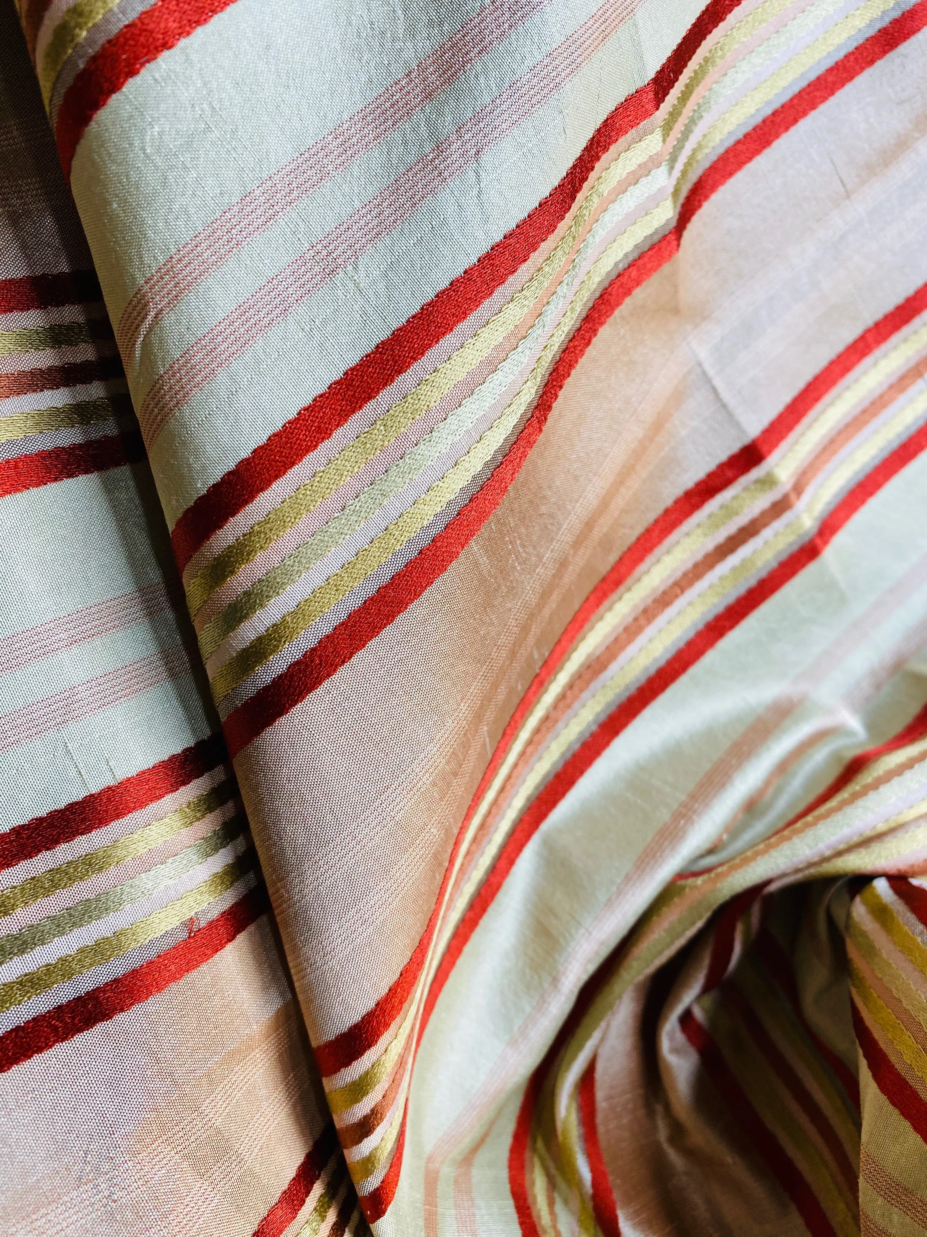 NEW Miss Charlotte Designer 100% Silk Dupioni Fabric with Red, Pink, Gold, & Copper Ribbon Stripes