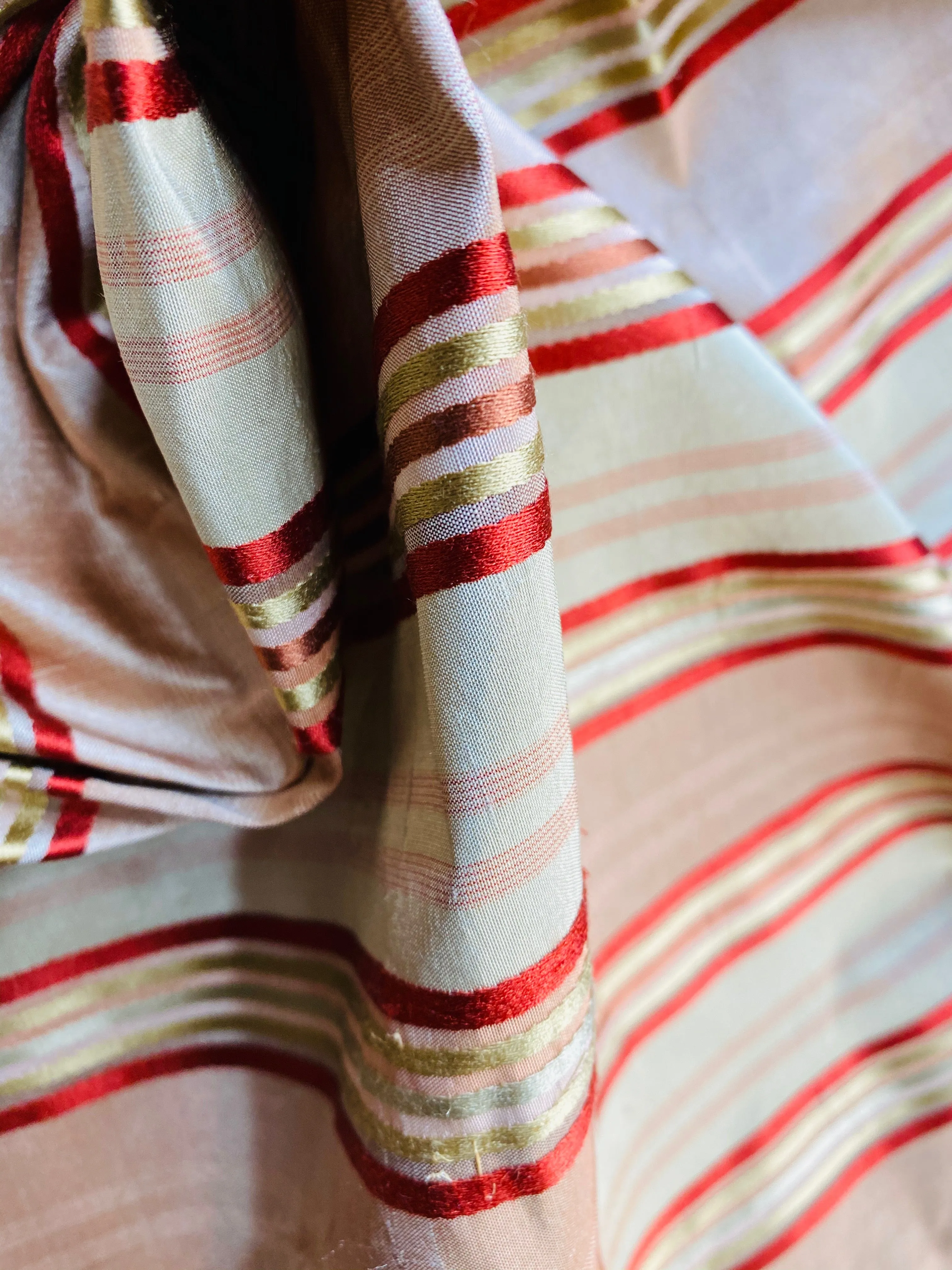 NEW Miss Charlotte Designer 100% Silk Dupioni Fabric with Red, Pink, Gold, & Copper Ribbon Stripes