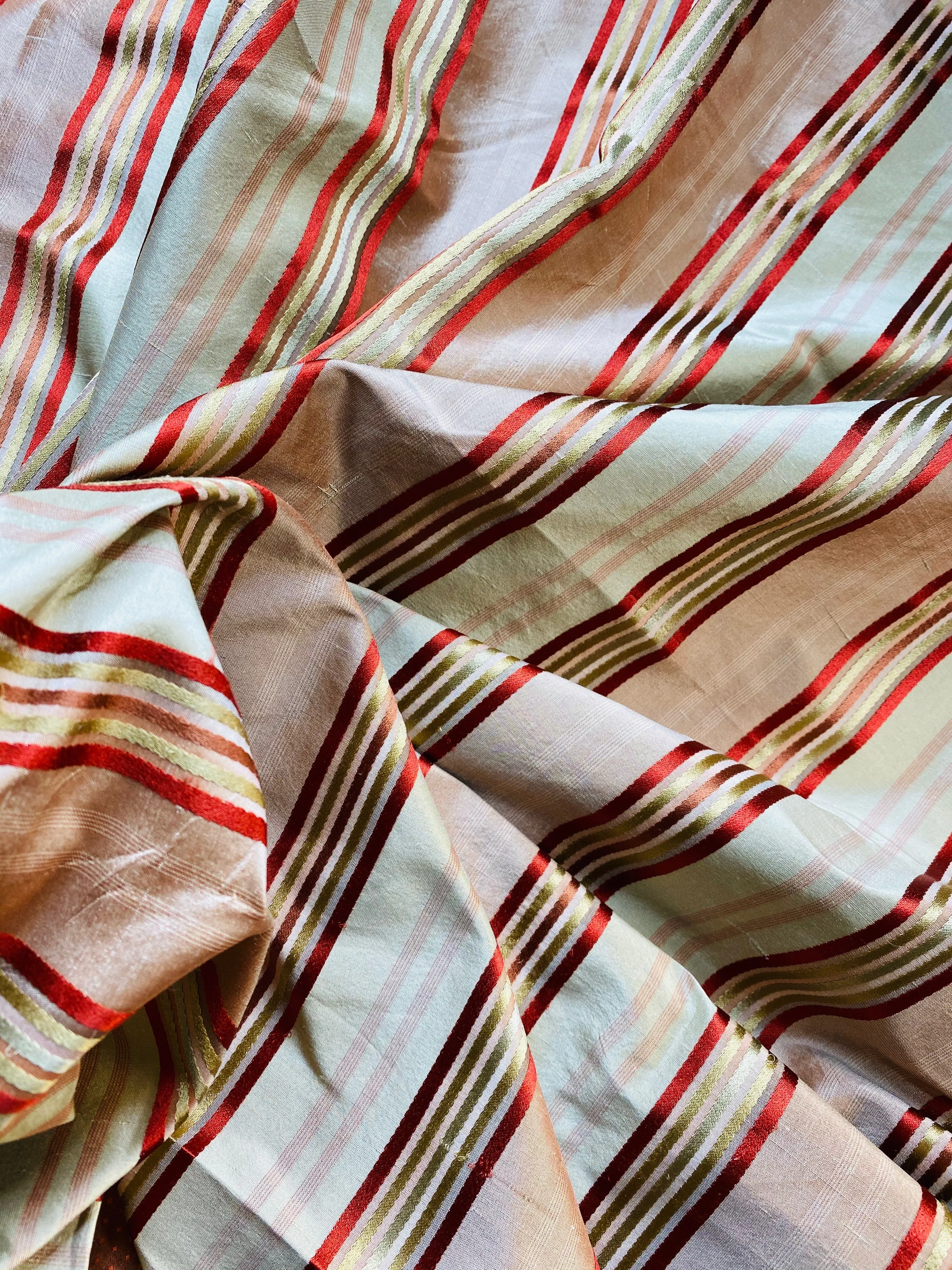 NEW Miss Charlotte Designer 100% Silk Dupioni Fabric with Red, Pink, Gold, & Copper Ribbon Stripes