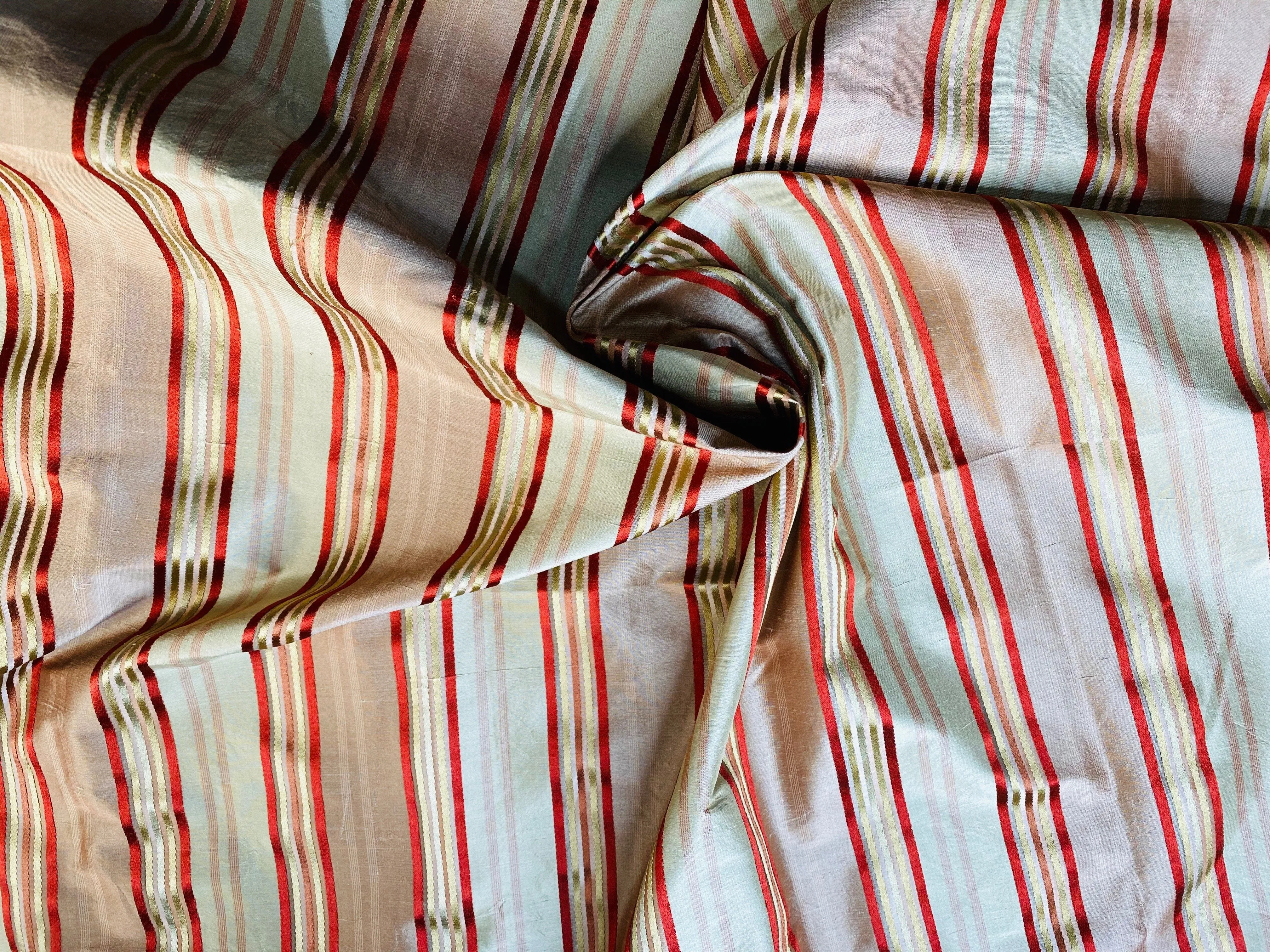 NEW Miss Charlotte Designer 100% Silk Dupioni Fabric with Red, Pink, Gold, & Copper Ribbon Stripes