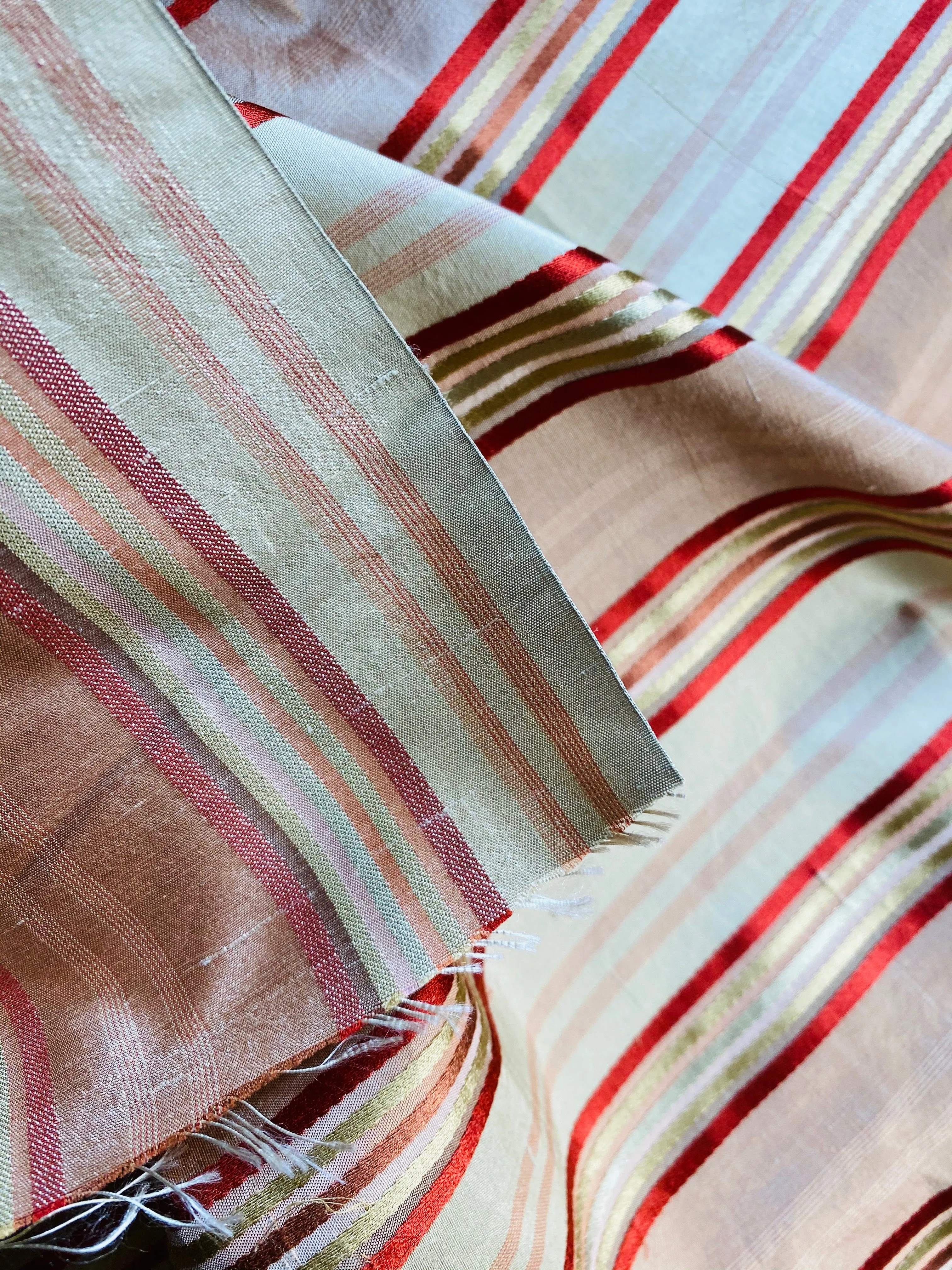 NEW Miss Charlotte Designer 100% Silk Dupioni Fabric with Red, Pink, Gold, & Copper Ribbon Stripes