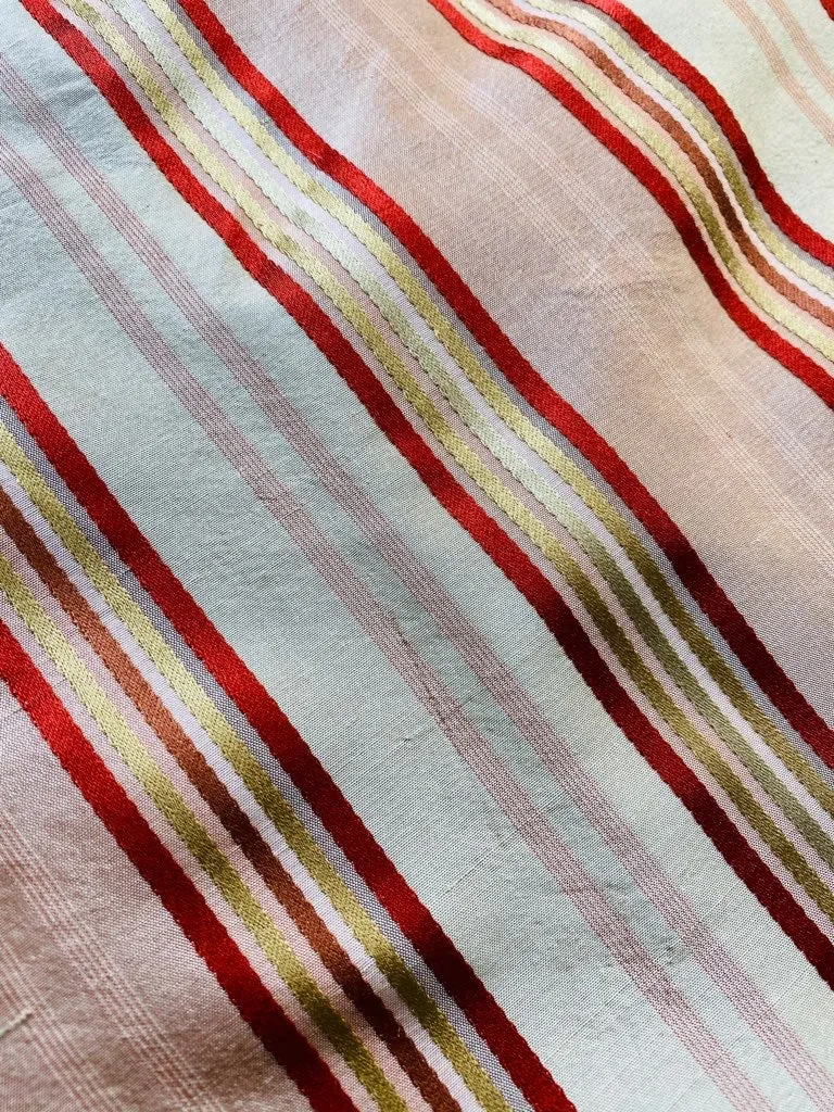 NEW Miss Charlotte Designer 100% Silk Dupioni Fabric with Red, Pink, Gold, & Copper Ribbon Stripes